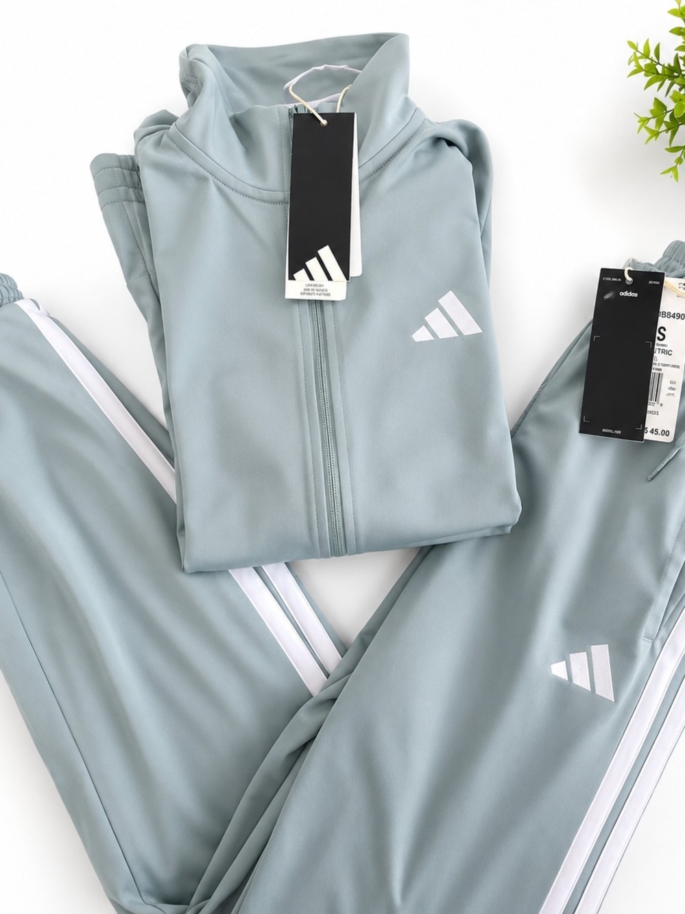 Adidas Light Sage Tracksuit Set with White Stripes